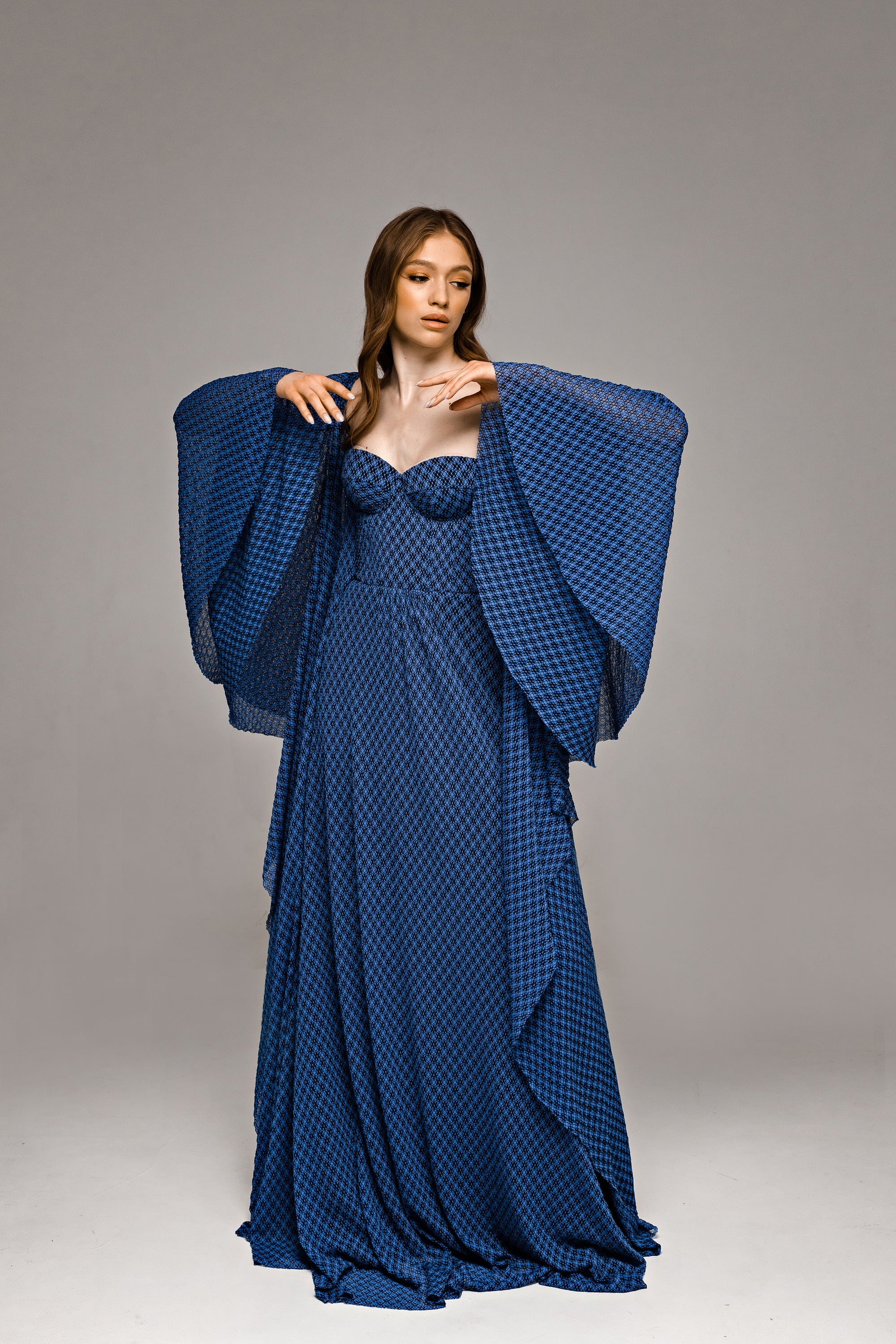 "Tori" Blue Knitted Lace Wedding Dress with Batwing Sleeves