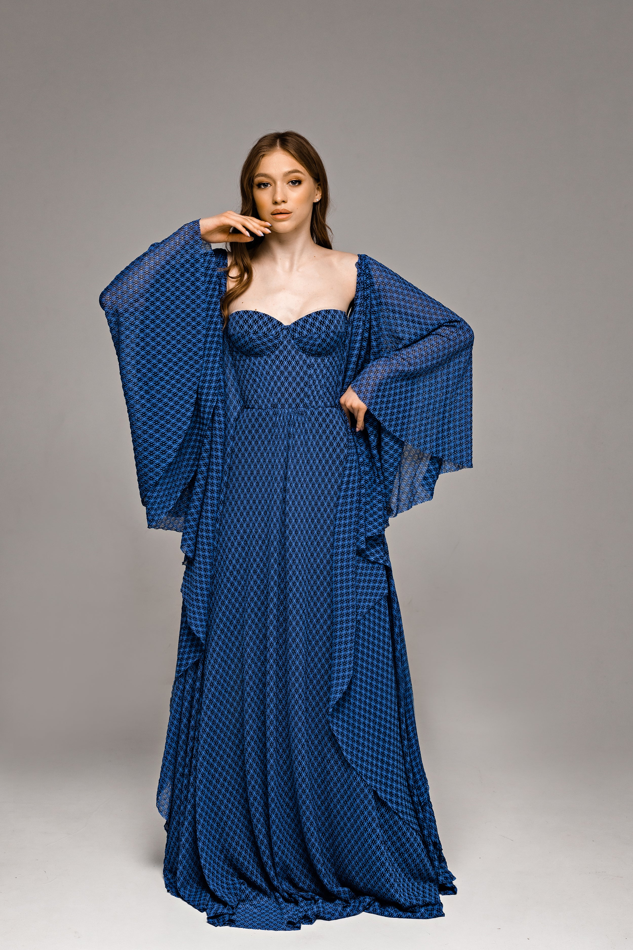"Tori" Blue Knitted Lace Wedding Dress with Batwing Sleeves