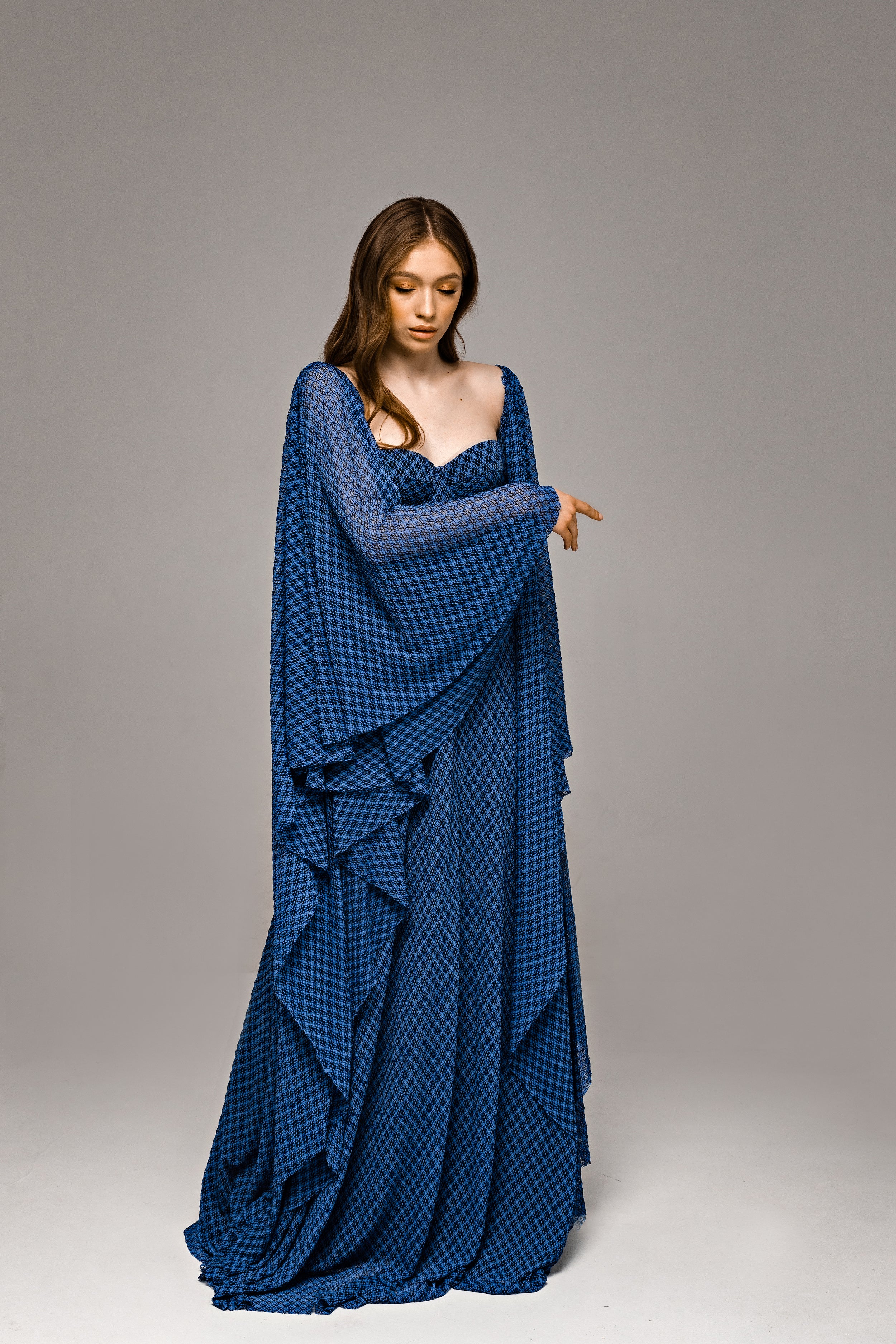 "Tori" Blue Knitted Lace Wedding Dress with Batwing Sleeves