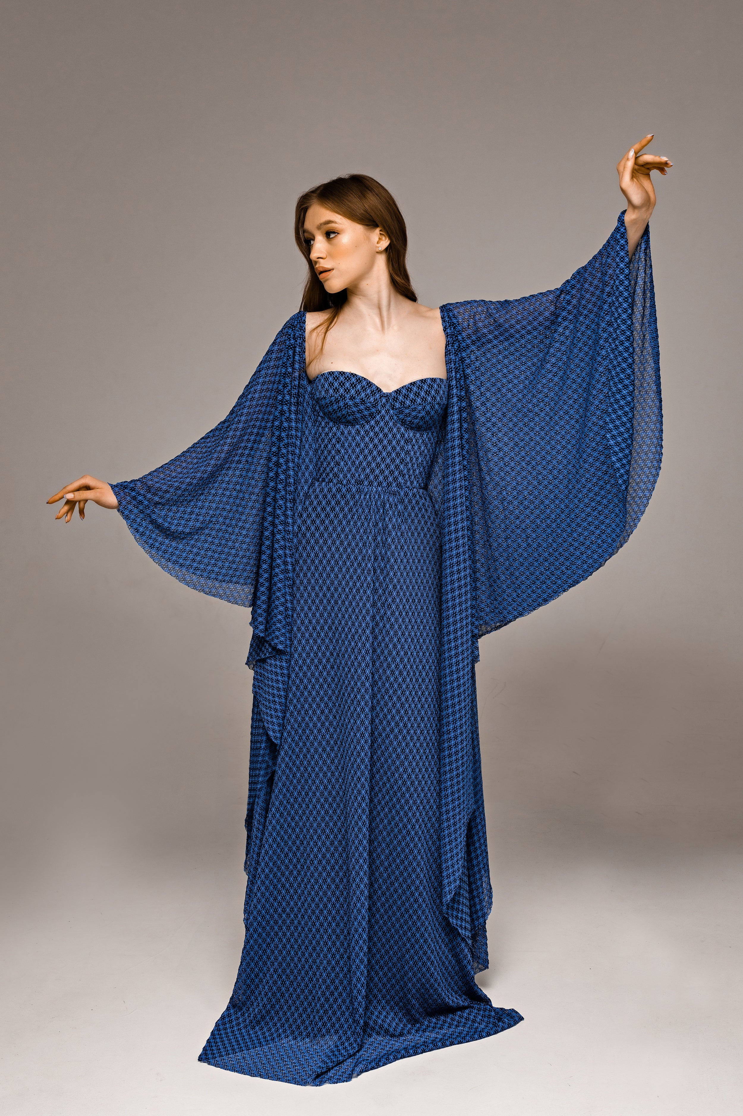 "Tori" Blue Knitted Lace Wedding Dress with Batwing Sleeves