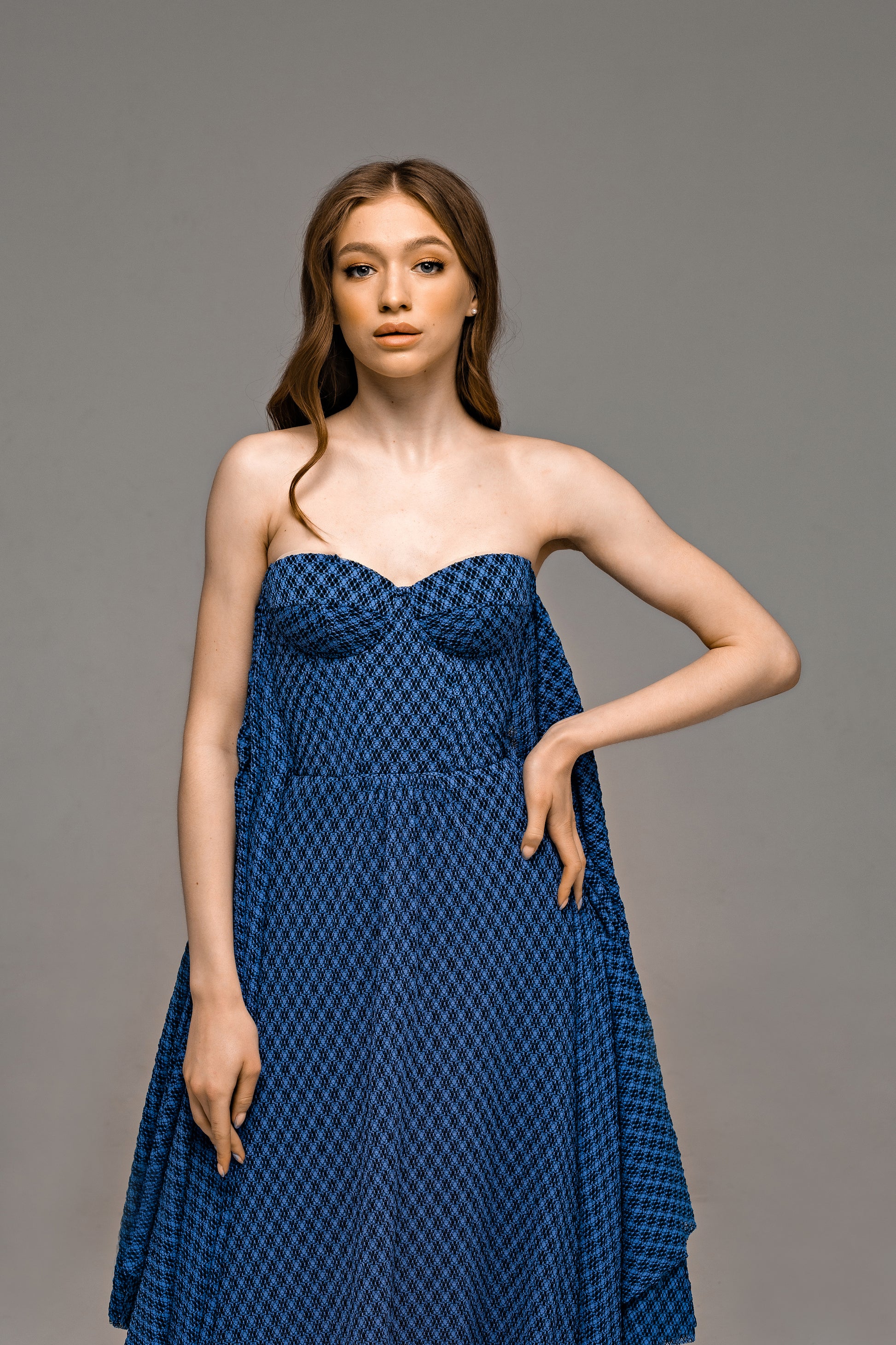 "Tori" Blue Knitted Lace Wedding Dress with Batwing Sleeves
