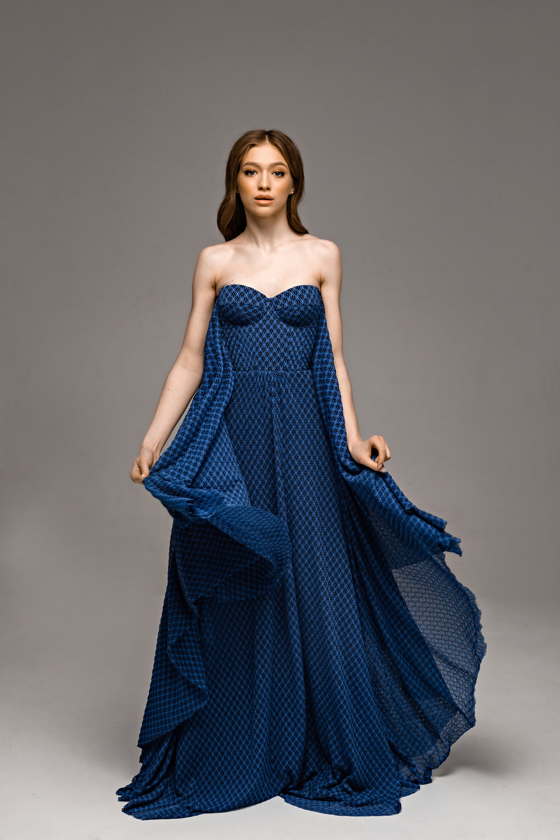 "Tori" Blue Knitted Lace Wedding Dress with Batwing Sleeves