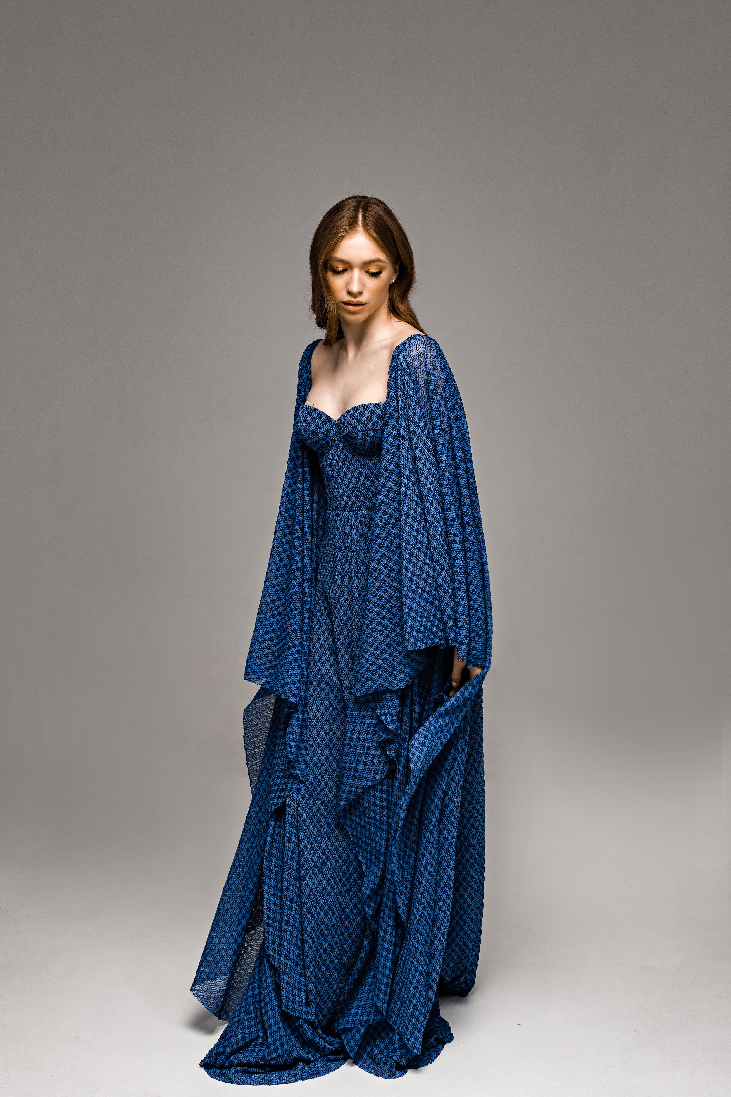 "Tori" Blue Knitted Lace Wedding Dress with Batwing Sleeves