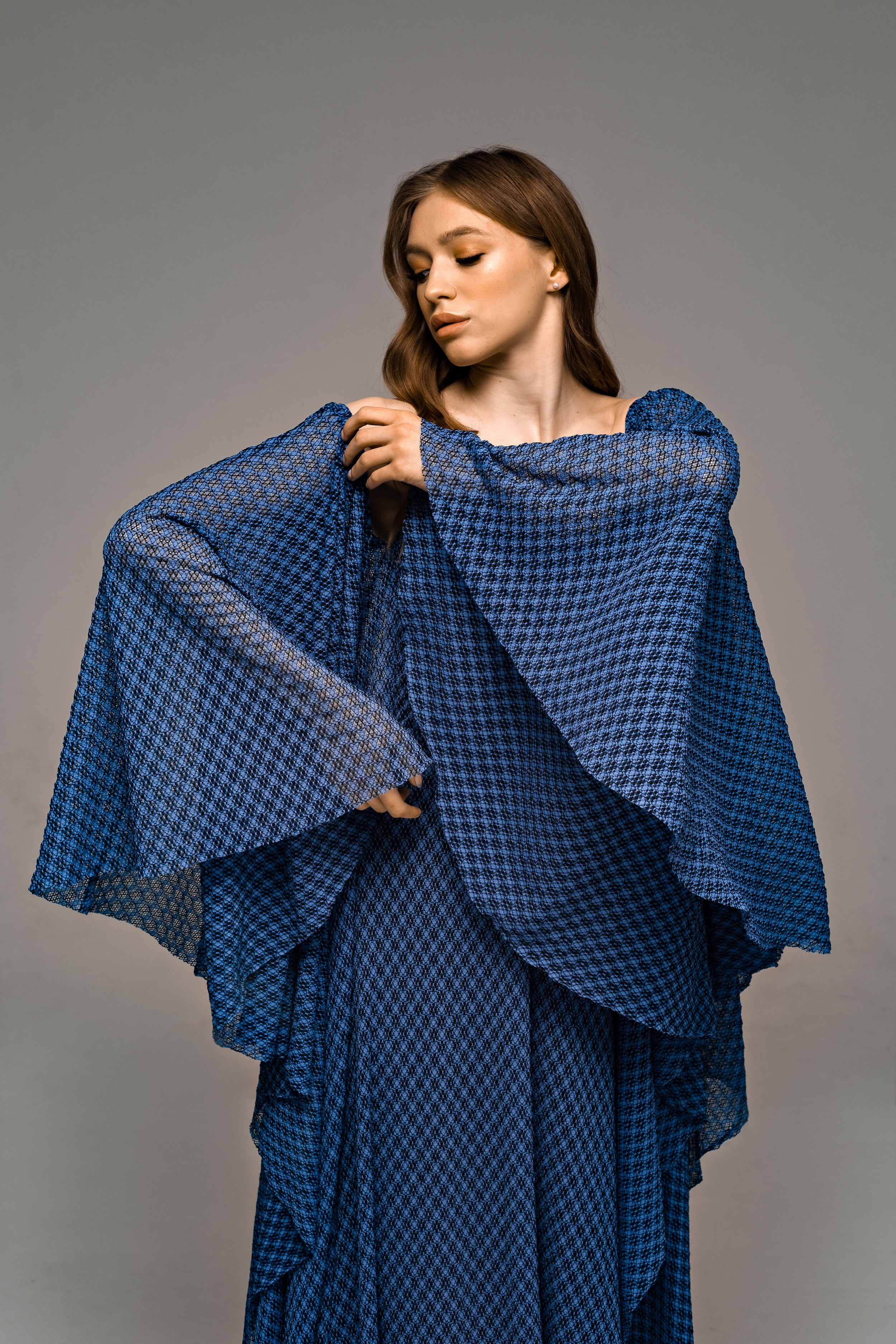 "Tori" Blue Knitted Lace Wedding Dress with Batwing Sleeves