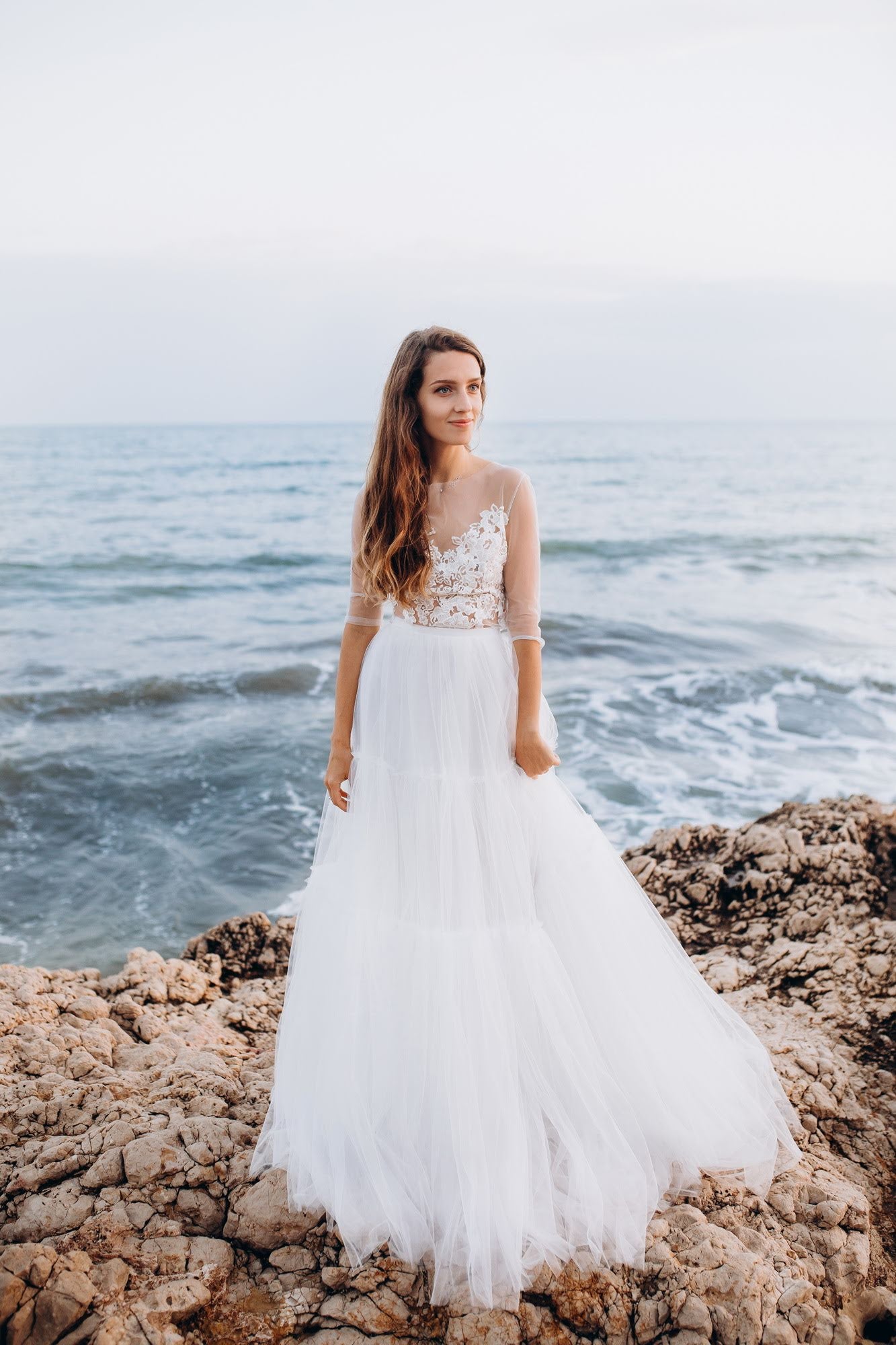 "Marseilles" Long sleeve wedding dress with tiered tulle skirt