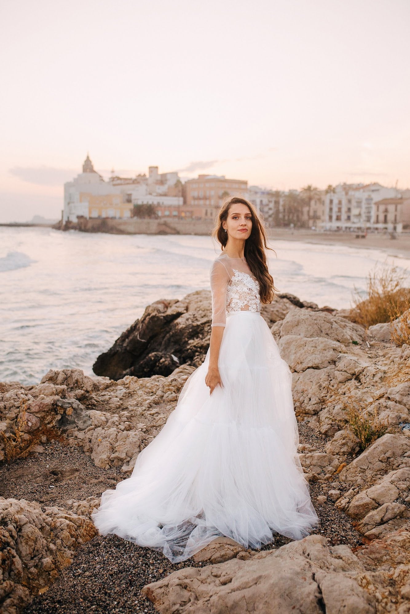 "Marseilles" Long sleeve wedding dress with tiered tulle skirt