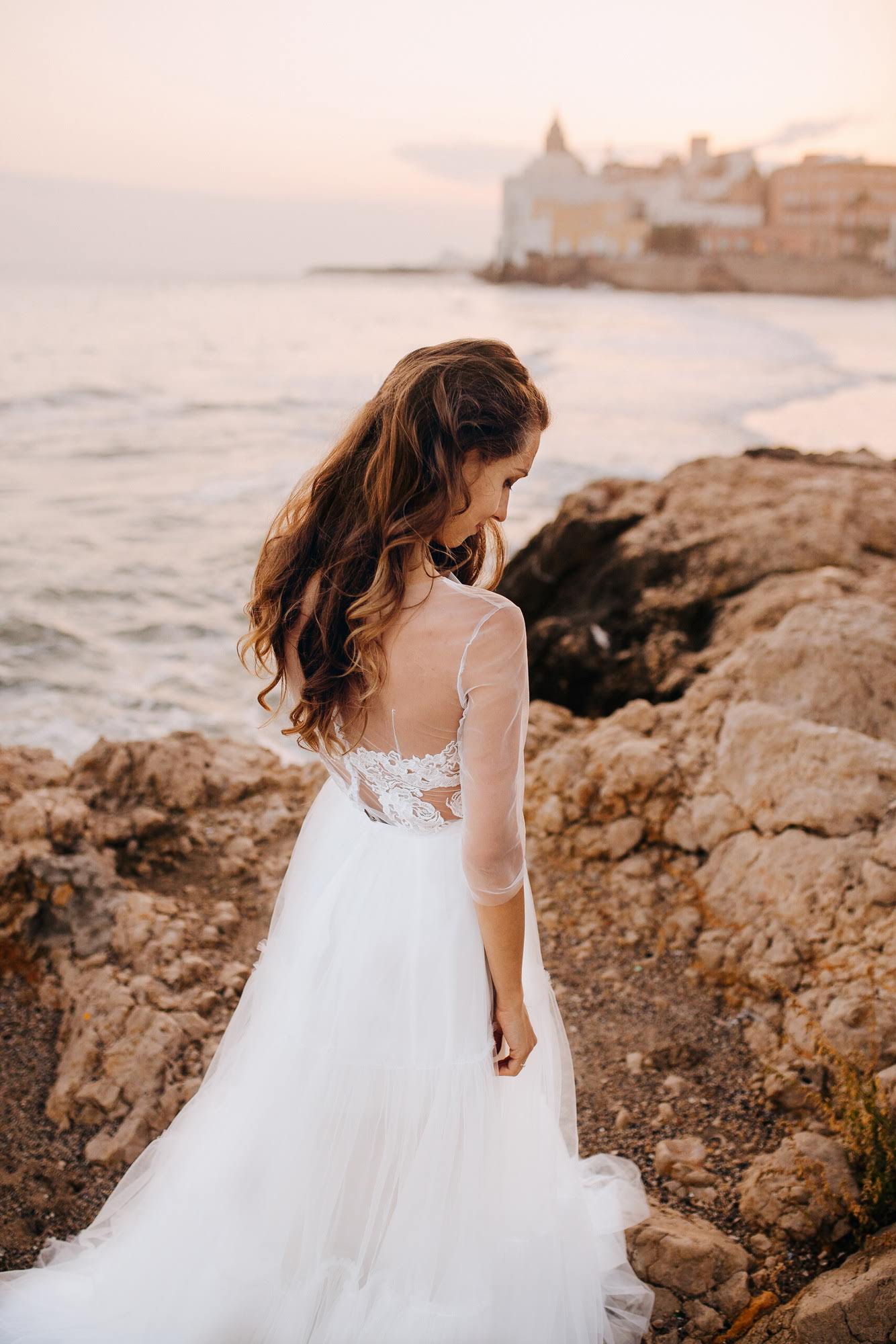 "Marseilles" Long sleeve wedding dress with tiered tulle skirt