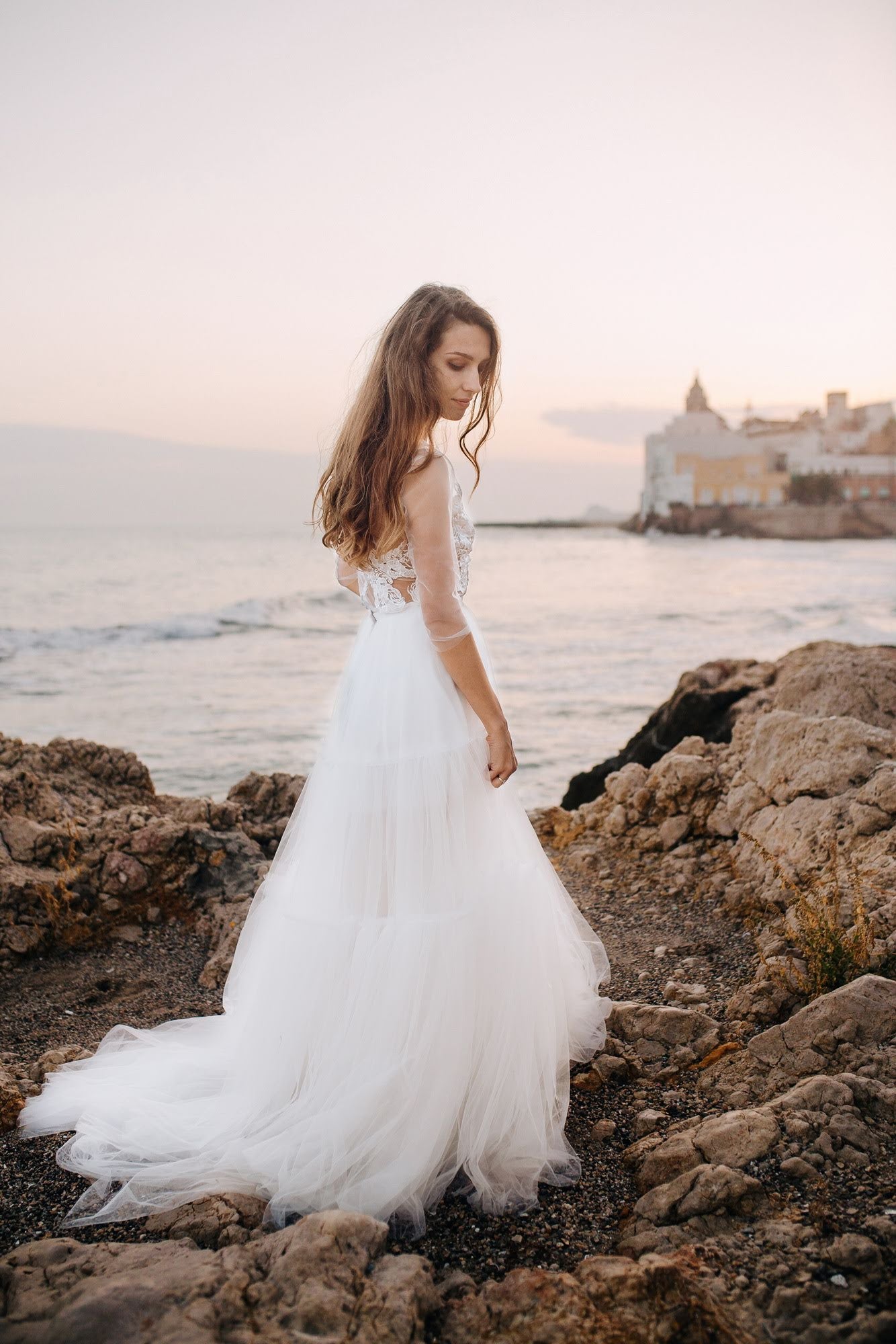 "Marseilles" Long sleeve wedding dress with tiered tulle skirt