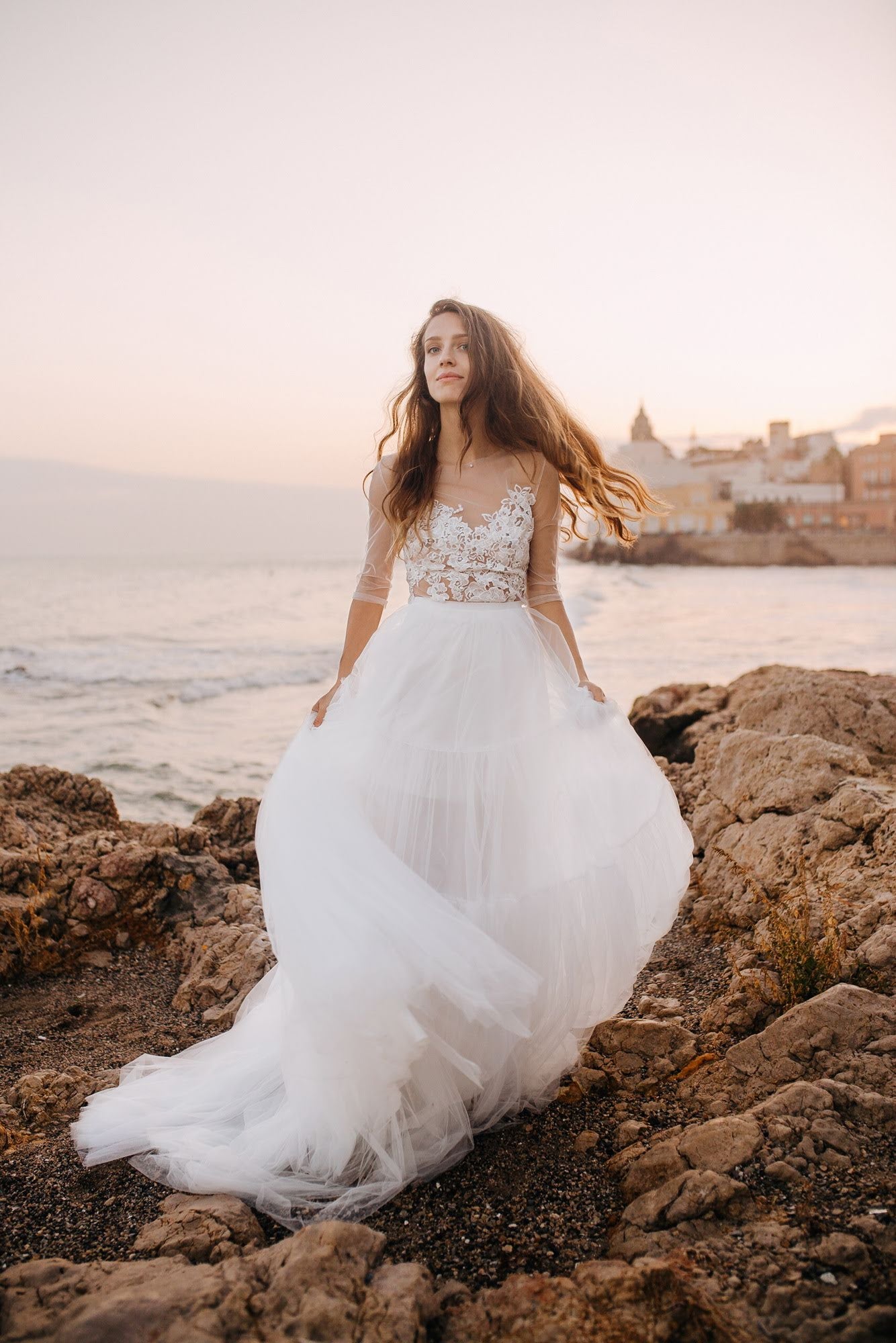 "Marseilles" Long sleeve wedding dress with tiered tulle skirt