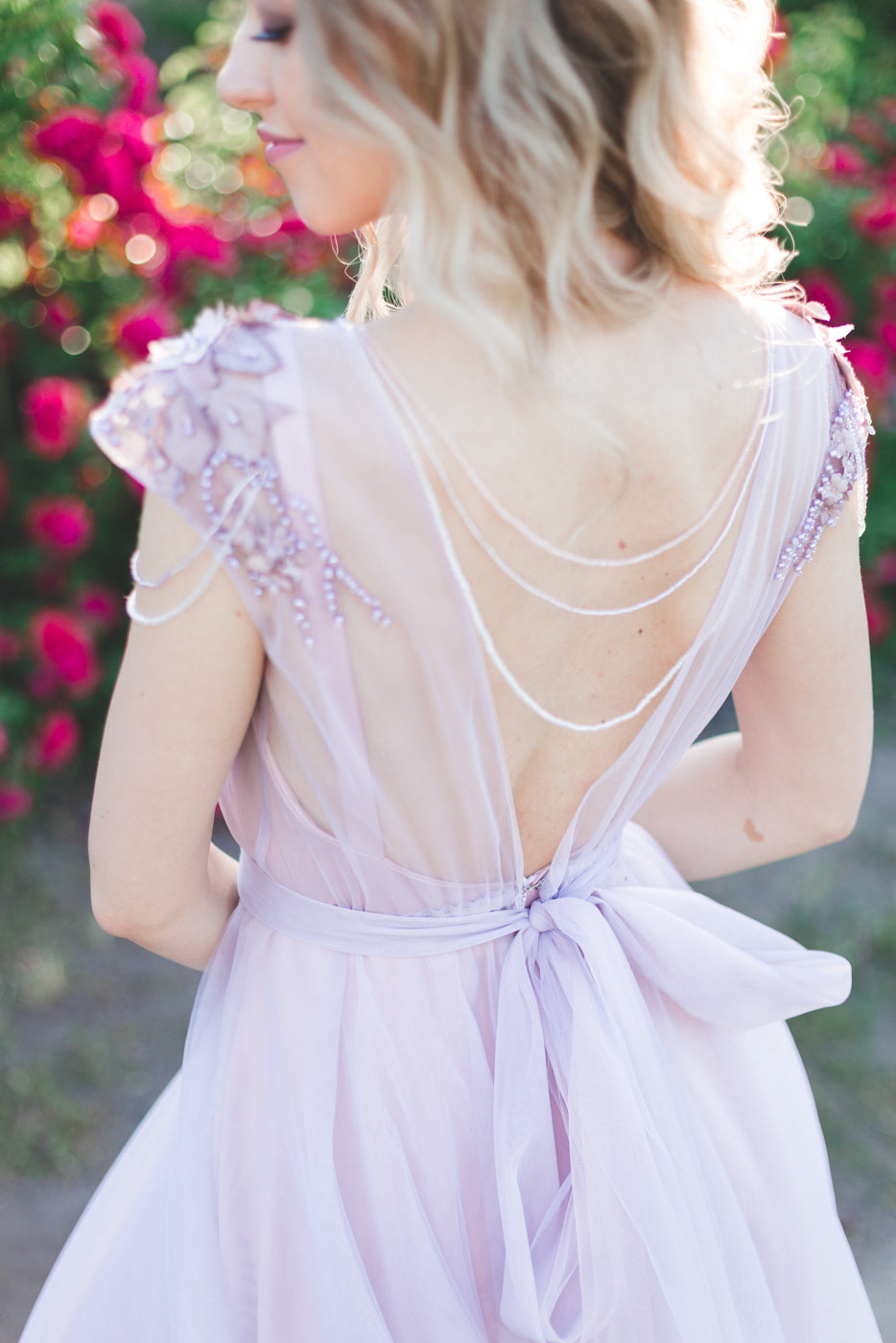 lavander open back bridal dress